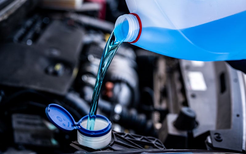 a technician adding coolant to a vehicle