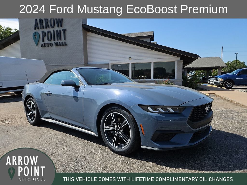 2024 Ford Mustang EcoBoost Premium in Vapor Blue — front three-quarter view
