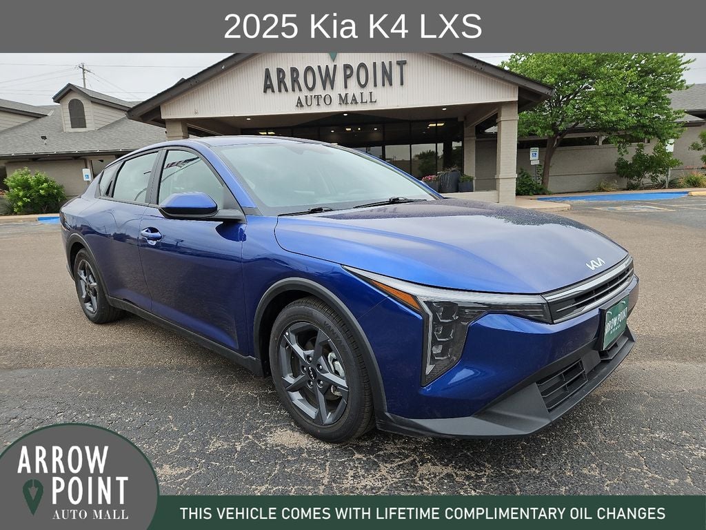 2025 Kia K4 LXS in Deep Sea Blue — front three-quarter view